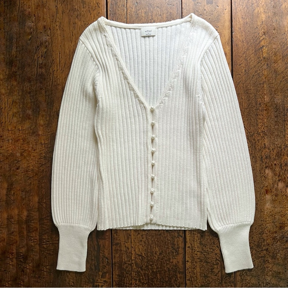 Aritzia Cream Ribbed Button-Front Cardigan Wool Cotton Blend